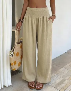 Detailed shot of high-waisted wide-leg gauze pants in khaki, featuring a comfortable smocked waist.