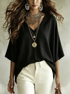 Détails du t-shirt femme automne ample col V uni décontracté avec bijoux tendance.