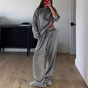 Black and white striped long sleeve top and wide leg pants casual lounge set for women.