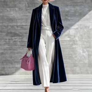 Women velvet long trench coat navy blue lapel winter elegant stylish warm outerwear apparel