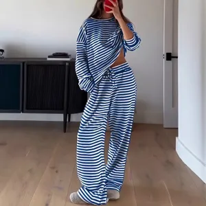 Women blue white striped long sleeve top high waist wide leg pants casual lounge set