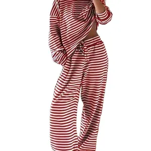 Red and white striped long sleeve top and high waist pants casual loungewear set for women.