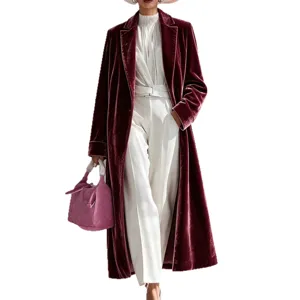 Women's velvet long coat autumn winter elegant lapel trench jacket outerwear with pink bag