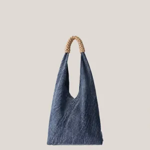 Sac Cabas en Toile Denim pour Femmes Vintage Sac à Bandoulière Décontracté Poignée Tissée