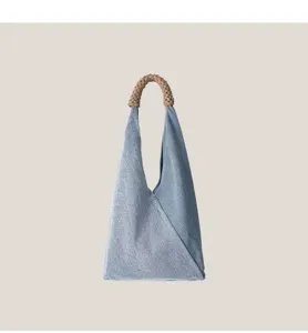 Sac cabas bandoulière en toile denim style rétro croissant avec poignée tressée femme.