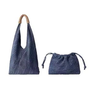 Sac à épaule hobo en denim pour femme ensemble avec poignée tressée pochette vintage
