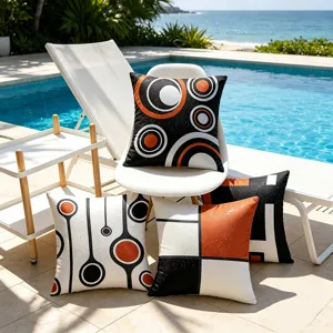 Outdoor waterproof throw pillow cover detail view, modern geometric print for beach lounge chair.