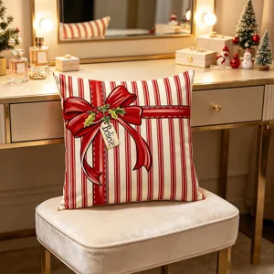 Christmas decorative throw pillow cover with red white stripe gift box bow design for sofa bed couch