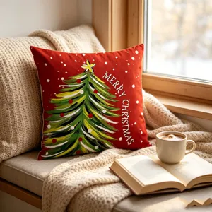 Christmas decorative throw pillow cover with festive tree print for cozy home couch decor.