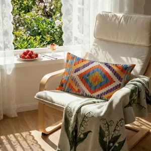 Bohemian geometric lumbar pillow cover, colorful ethnic style decorative cushion for home sofa.