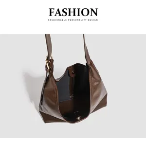 Retro soft leather large capacity tote shoulder bag, daily casual commuting underarm bag.