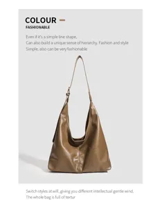 Brown retro soft leather large capacity hobo shoulder bag, minimalist fashion daily commute.