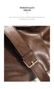 Detailed shot of retro brown leather shoulder bag strap, premium texture and metal buckle design.