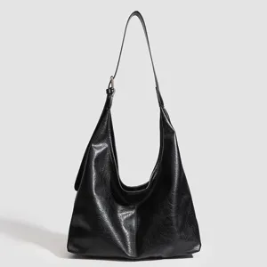 Black soft leather shoulder hobo bag large capacity casual daily tote bag for women