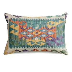Detailed view of bohemian style throw pillow cover featuring vibrant Persian geometric print.