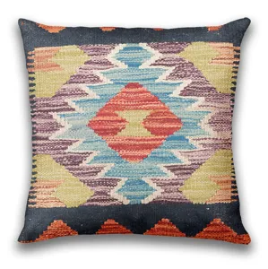 Bohemian geometric throw pillow cover detail, vibrant ethnic pattern home decor textile.