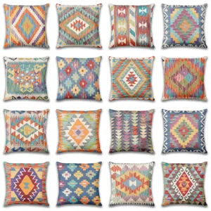 Bohemian Geometric Print Pillow Cover Polyester Peach Skin Linen Cushion Cover Decorative Square Pillowcase For Sofa Home Decor