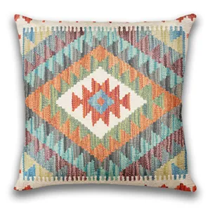Bohemian geometric throw pillow cover, vibrant colorful ethnic square cushion case for home sofa.