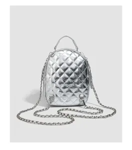 Silver quilted mini backpack detail, metallic texture, chic chain strap, fashion design.