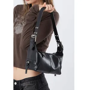 Black vintage motorcycle underarm shoulder bag for women, chic retro PU leather handbag.