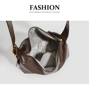 Brown leather shoulder bag for women, large capacity hobo tote bag for daily commute fashion.