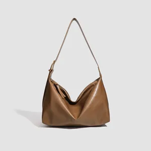 Brown slouchy shoulder bag for women, large capacity minimalist hobo tote purse.