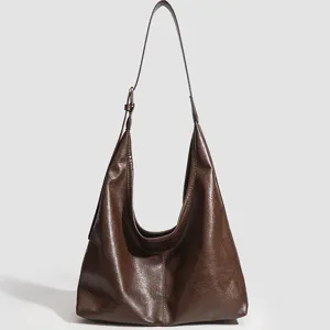 Brown vintage soft leather shoulder bag large capacity casual daily tote hobo handbag for women