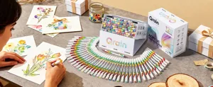 Detail view of 120 colors dual-tip acrylic marker pens set with brush and fine tips for art.