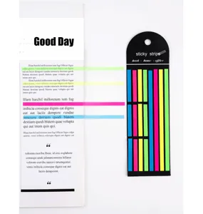 Gedetailleerd overzicht van ultradunne PET-zelfklevende indexstrips in macaronkleuren voor kantoor.