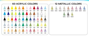 Acrylic marker color chart showing 72 vibrant shades including standard and metallic tree swatches.