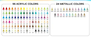 96 acrylic colors and 24 metallic colors chart for dual tip marker pens and art supplies.