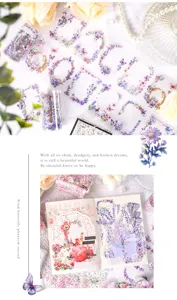 PET decoratieve washi-tape rollen met paarse bloemen en vlinder randontwerpen voor dagboek DIY.