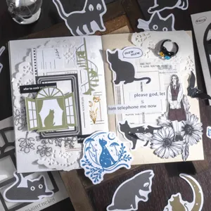 Autocollants journal silhouette chat ensemble matériel papeterie vintage esthétique
