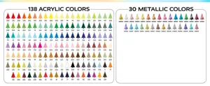 Detailed color chart displaying 138 acrylic colors and 30 metallic colors for marker sets.