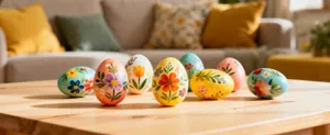 Detailed close-up view of vibrant hand-painted floral Easter eggs displayed nicely on a wooden table.