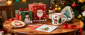 Christmas decorative gift set featuring hand-painted Santa Claus and snowman design items for holiday.