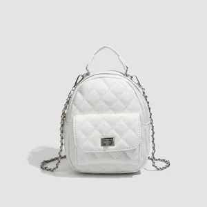 White quilted mini backpack with metal chain straps stylish women daypack casual hand bag