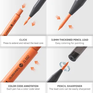 Retractable colored pencil with 3.0mm thick lead, color code label and sharpener function.