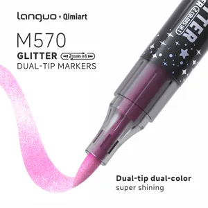Dual-tip glitter metallic marker pen detail shot showing sparkling pink ink stroke.