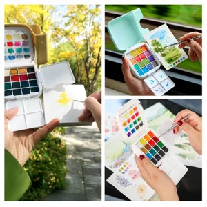 Portable 16-color solid watercolor paint set with brush and mini sketch pad for artists.
