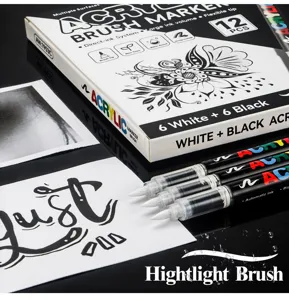 Direct-liquid acrylic brush marker set, 12 pieces of white and black highlighters for art.