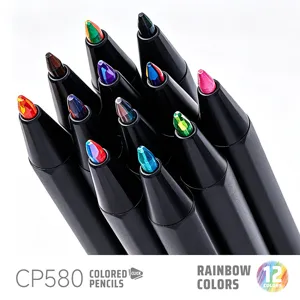 Retractable colored pencils with rainbow multi-color cores, 12 vibrant colors for professional drawing art.