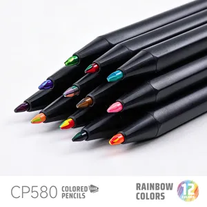 Retractable colored pencils set with rainbow tips, smooth oil-based lead for drawing art.