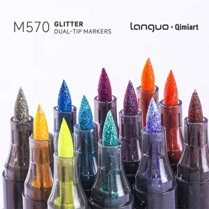 Glitter dual-tip marker pens detail view showing sparkling colorful brush tips and caps.