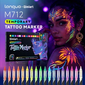 Set of 18 UV fluorescent temporary tattoo markers with 6 stencils for creative body art.