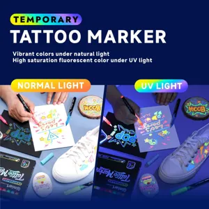 Temporary UV tattoo marker pens with fluorescent colors for creative DIY art and body painting.