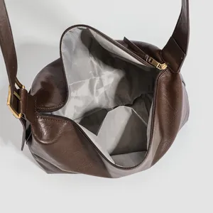 Brown leather shoulder bag women large capacity hobo tote bag stylish casual commuter handbag