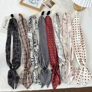 Women Korean Magnetic Buckle Silk Scarf Necklace With Cartoon Pendant Printed Polyester Neck Scarf Accessory For Daily Party