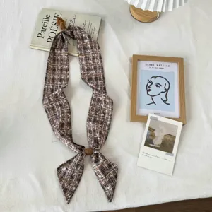 Korean style magnetic buckle twilly scarf with cute bear pendant, chic neck accessory for women.