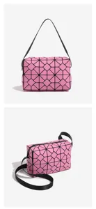 Pink geometric lattice shoulder bag, stylish casual PU leather crossbody handbag for women.
